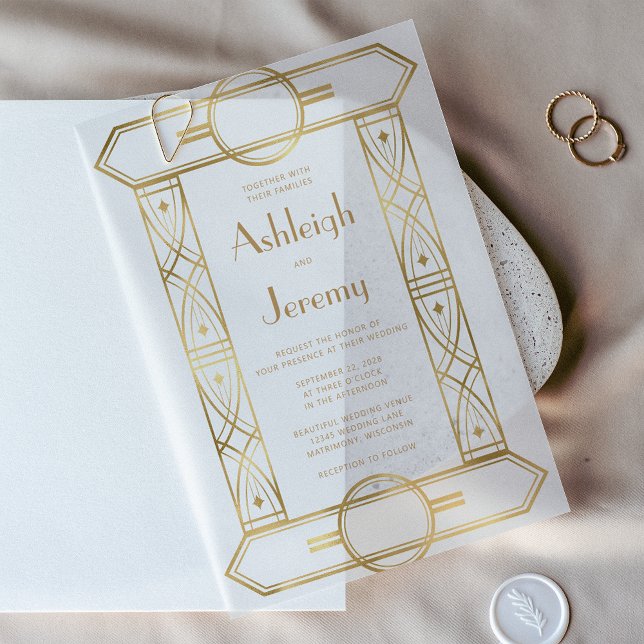 Gold Vintage Deco Frame White Wedding Vellum Invitations (Creator Uploaded)