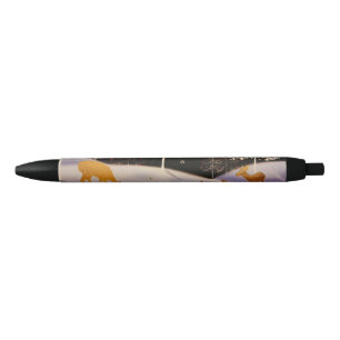 Gold Vintage Deer Family in Snowy Christmas Forest Black Ink Pen