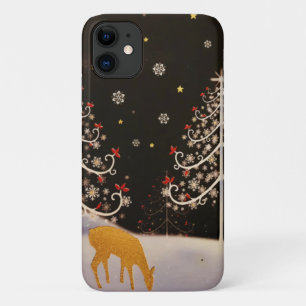 Gold Vintage Deer Family in Snowy Christmas Forest iPhone 11 Case
