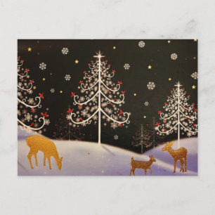 Gold Vintage Deer Family in Snowy Christmas Forest Holiday Postcard