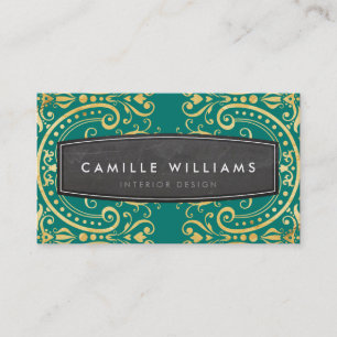 GOLD vintage elegant filigree classy emerald green Business Card