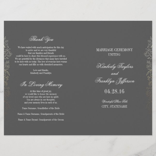 Gold Vintage Floral Grey Wedding Programs (Front)