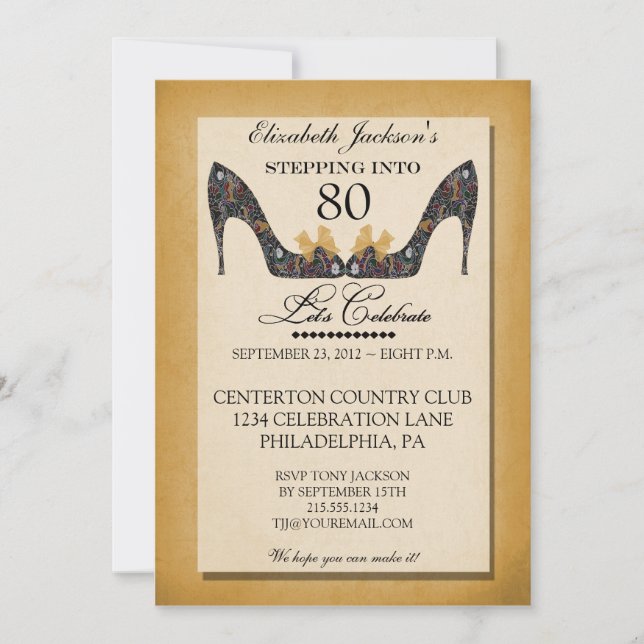 Gold Vintage Floral Shoe 80th Birthday Invitation (Front)