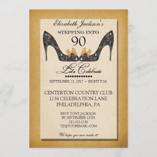 Gold Vintage Floral Shoe 90th Birthday Invitation