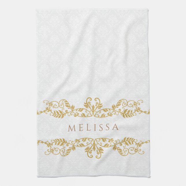 Gold Vintage Floral Swirls Frame Tea Towel (Vertical)
