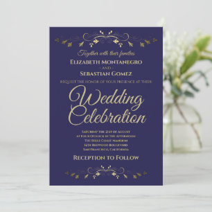 Gold Vintage Flourish on Navy Blue Simple Wedding Invitation
