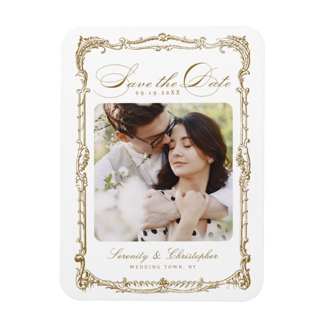 Gold Vintage Frame Classic Script Photo Wedding Magnet (Vertical)