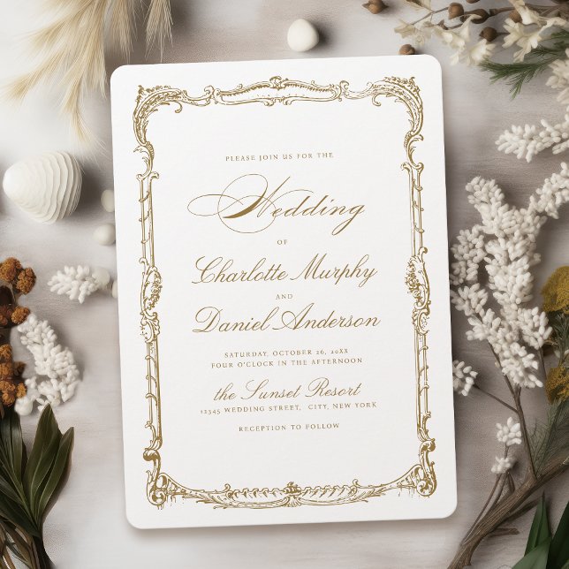 Gold Vintage Frame Classic Script Simple Wedding Invitation (Gold Vintage Frame Classic Script Simple Wedding Invitation)