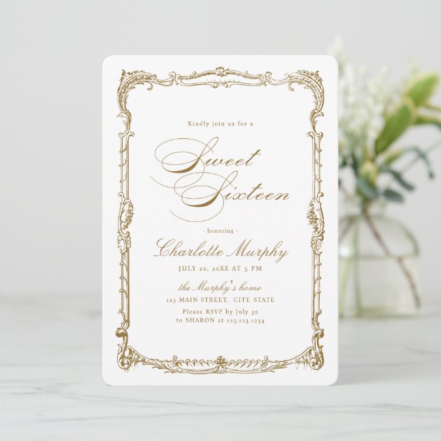 Gold Vintage Frame Classic Script Sweet Sixteen Invitation (Standing Front)