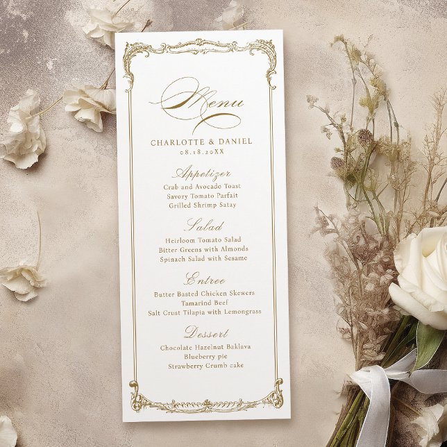 Gold Vintage Frame Classic Script Wedding Menu (Gold Vintage Frame Classic Script Wedding Menu)