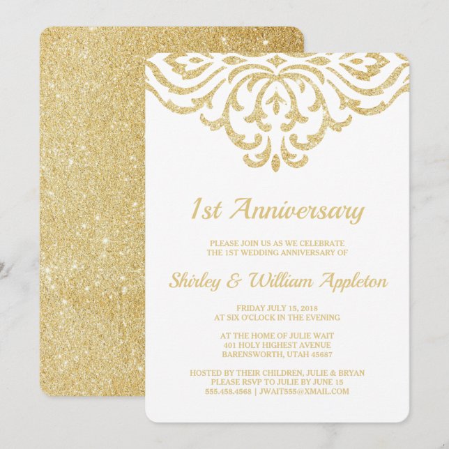 Gold Vintage Glam Elegant 1st Wedding Anniversary Invitation (Front/Back)