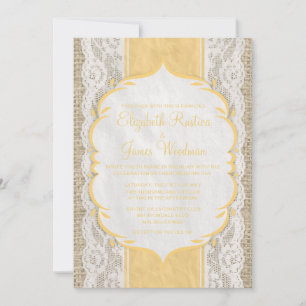 Gold Vintage Linen Burlap Lace Wedding Invitations