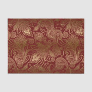 Gold Vintage Paisley Over Burgundy Red Background Tissue Paper