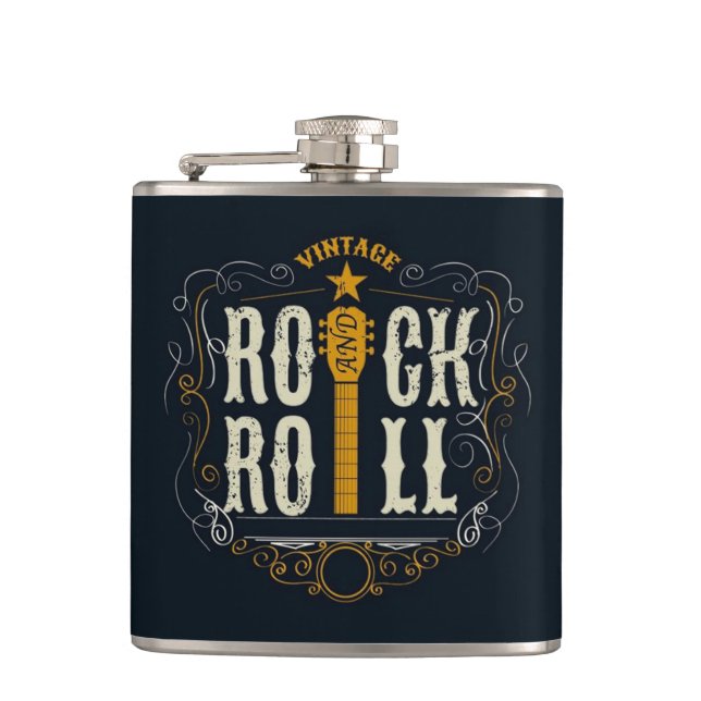 Gold Vintage Rock & Roll Logo Hip Flask (Front)