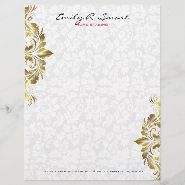 Gold Vintage Swirl On Plush White Custom Letterhead (Front)