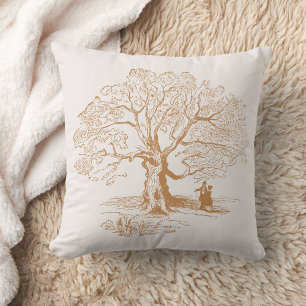 Gold Vintage Tree Image Cream Bedroom Throw Pillow