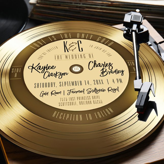 Gold Vinyl Record Unique Vintage Music Wedding Invitation (Solid Gold Vinyl Record "Love Is The Only Gold" song unique vintage fun round wedding invitation)