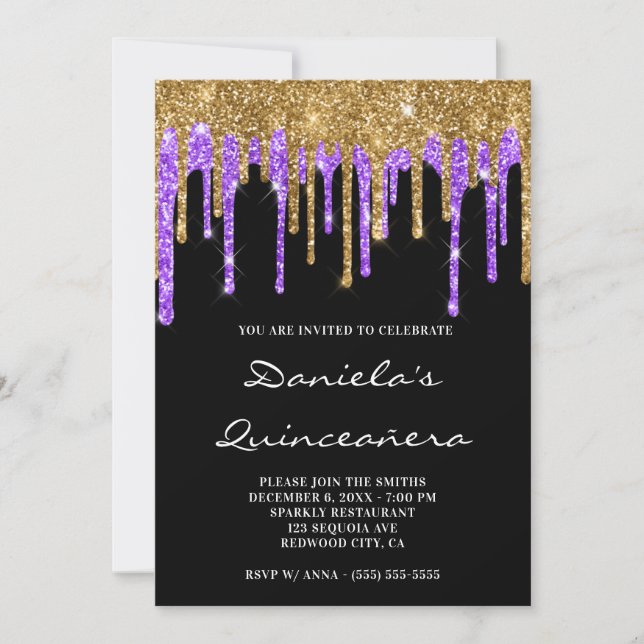 Gold Violet Glitter Drips Black Quinceañera Invitation (Front)