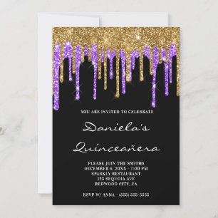 Gold Violet Glitter Drips Black Quinceañera Invitation