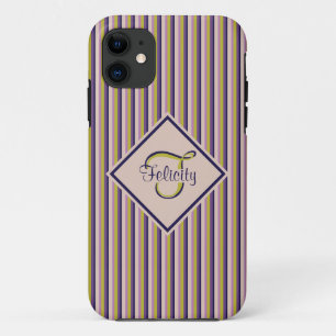 Gold, Violet, Purple & Pink Stripes Monogram iPhone 11 Case