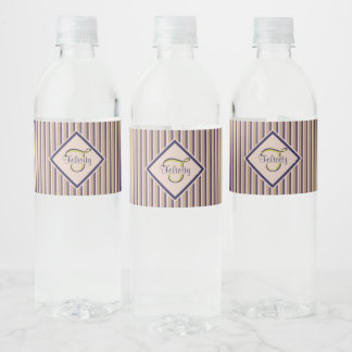 Gold, Violet, Purple & Pink Stripes Monogram Water Bottle Label