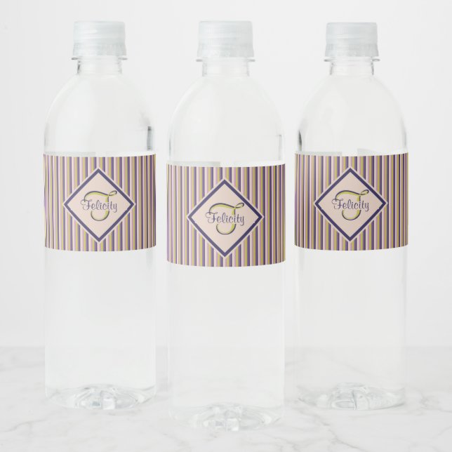 Gold, Violet, Purple & Pink Stripes Monogram Water Bottle Label (Bottles)