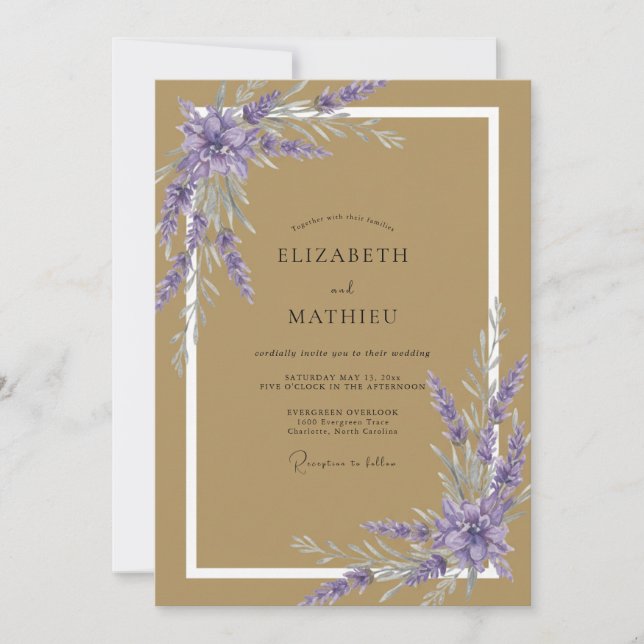 Gold Violet Sprig Eucalyptus Wedding Invitation (Front)
