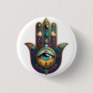 Gold Violet Teal Hamsa w/ Turquoise Third Eye 3 Cm Round Badge