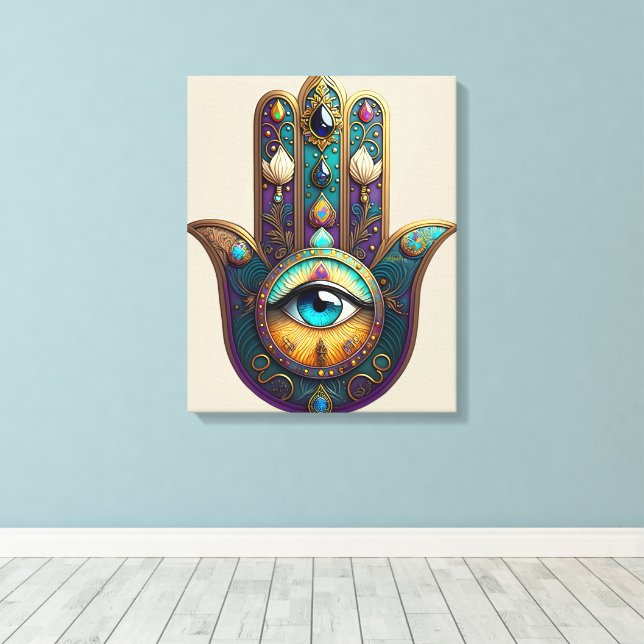 Gold Violet Teal Hamsa w/ Turquoise Third Eye Canvas Print (Insitu(Wood Floor))