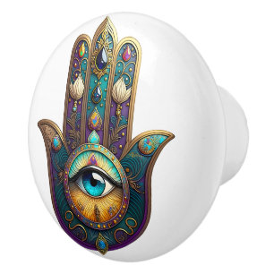 Gold Violet Teal Hamsa w/ Turquoise Third Eye Ceramic Knob