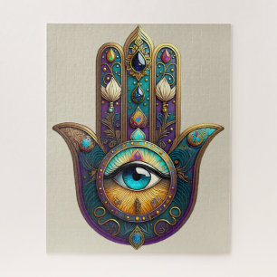 Gold Violet Teal Hamsa w/ Turquoise Third Eye Jigsaw Puzzle