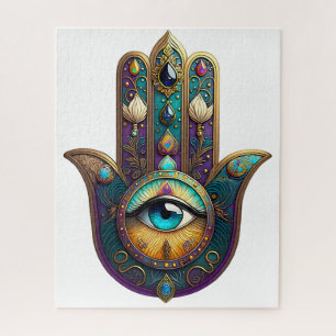 Gold Violet Teal Hamsa w/ Turquoise Third Eye Jigsaw Puzzle