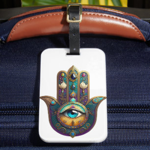 Gold Violet Teal Hamsa w/ Turquoise Third Eye Luggage Tag