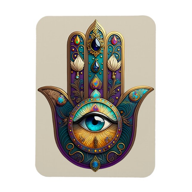 Gold Violet Teal Hamsa w/ Turquoise Third Eye Magnet (Vertical)
