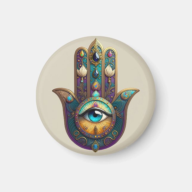 Gold Violet Teal Hamsa w/ Turquoise Third Eye Magnet (Front)