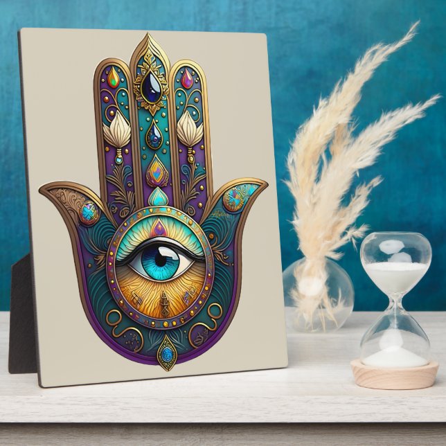 Gold Violet Teal Hamsa w/ Turquoise Third Eye Plaque (Side)