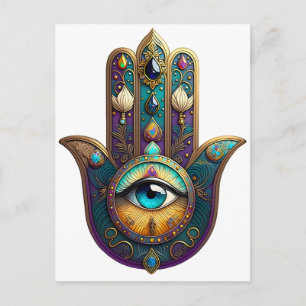 Gold Violet Teal Hamsa w/ Turquoise Third Eye Postcard