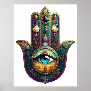 Gold Violet Teal Hamsa w/ Turquoise Third Eye Poster