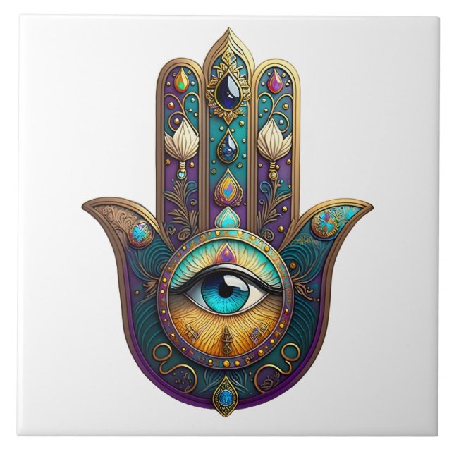 Gold Violet Teal Hamsa w/ Turquoise Third Eye Tile (Front)