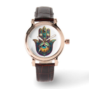 Gold Violet Teal Hamsa w/ Turquoise Third Eye Watch