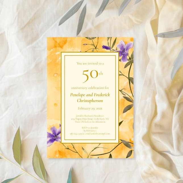 Gold Violets Floral 50th Wedding Anniversary Invitation (Gold Violets Floral 50th Wedding Anniversary Invitation)