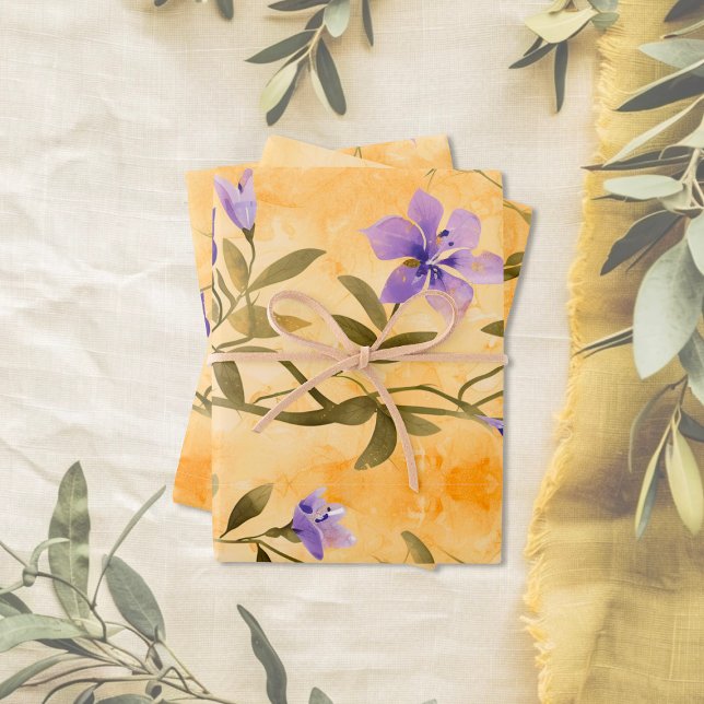 Gold Violets Floral 50th Wedding Anniversary Wrapping Paper Sheet (Gold and Violets 50th Wedding Anniversary Gift Wrapping Paper)