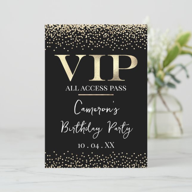 Gold VIP on Black Event or Party Invitation (Standing Front)