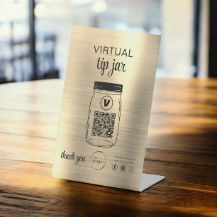 Gold Virtual Tip Jar QR Code Logo White Pedestal Sign