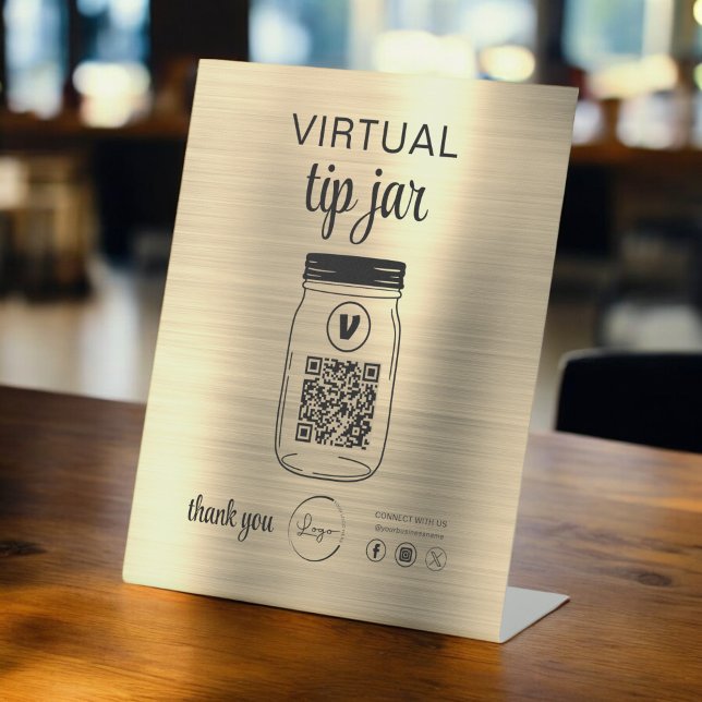 Gold Virtual Tip Jar QR Code Logo White Pedestal Sign (Creator Uploaded)