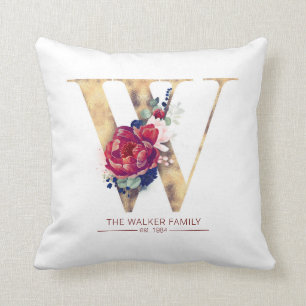 Gold W Monogram Floral Burgundy Red and Navy Blue Cushion