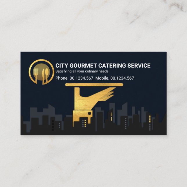 Gold Waiter's Serving Plate City Silhouette  Business Card (Front)
