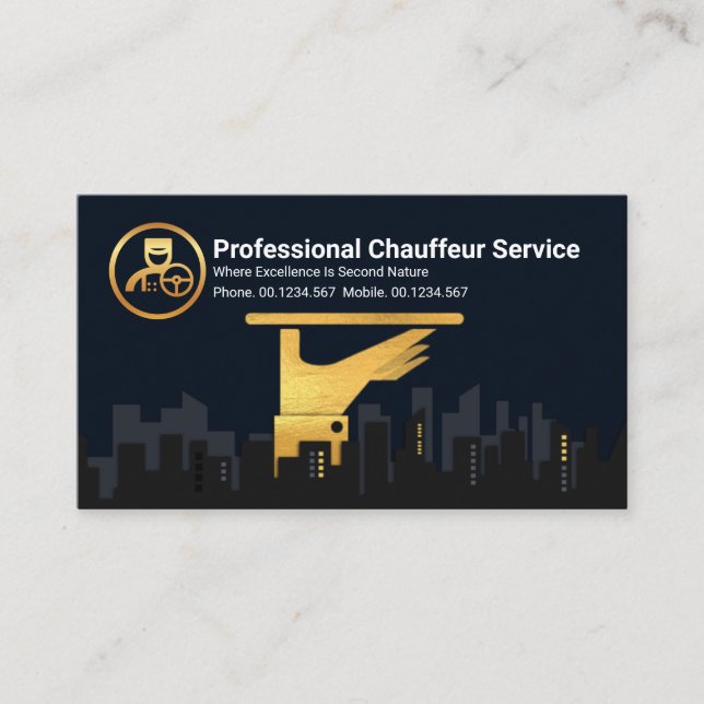 Gold Waiter's Serving Plate City Silhouette Taxi Business Card (Front)