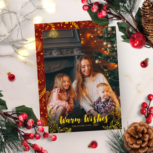 Gold Warm Wishes Winter Leaves Photo Christmas Invitation (Creator Uploaded)