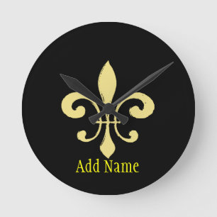Gold Washout Fleur De Lis, add name Round Clock